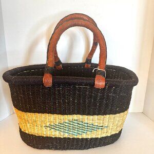 Alaffia Woven African Oval Market Basket Oval Leather Covered Handles NWT